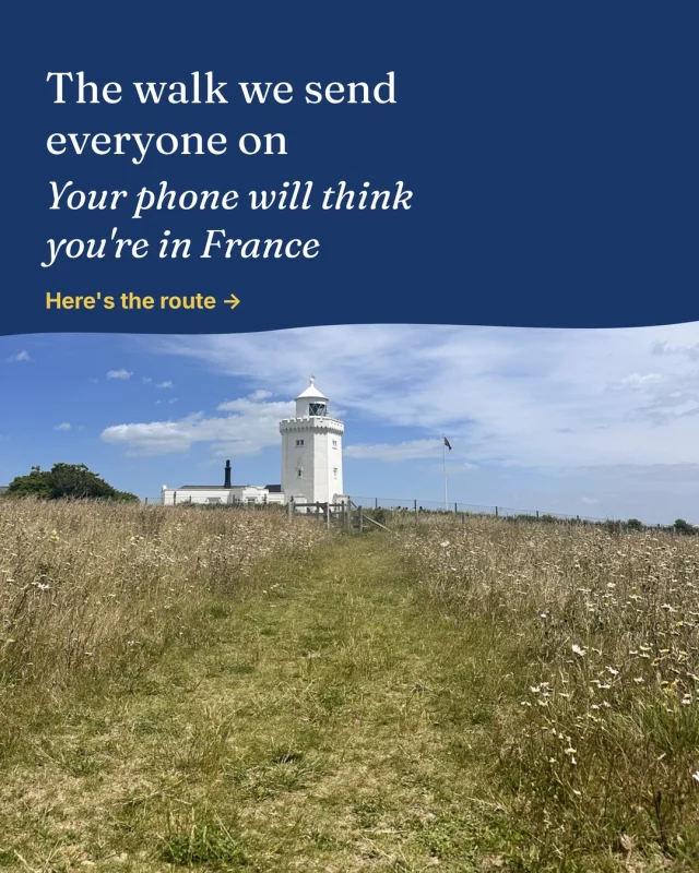 There’s a walk we send almost every guest on, and it starts at the front door.

Ten or fifteen minutes up the lane and you’re at South Foreland Lighthouse — the one that sits on the white cliffs looking straight at France. 

There’s a cafe. There are loos. And, for reasons nobody ever quite believes until they get there, there are free kites you can borrow and fly off the cliff edge.

Then it’s twenty minutes downhill to The Coastguard, which is the closest pub in England to France. 

Very good food, proper coffee, and the best ice cream on this coast regardless of what the weather is doing.
Somewhere on the way down, check your phone. It usually decides you’re in France.
Dogs welcome the whole way, pub included.

Last slide has the practical version — save it for when you’re actually here.

#stmargaretsbay #southforelandlighthouse #whitecliffs #kentcoast #dogfriendlywalks 
@thecoastguardonthebay