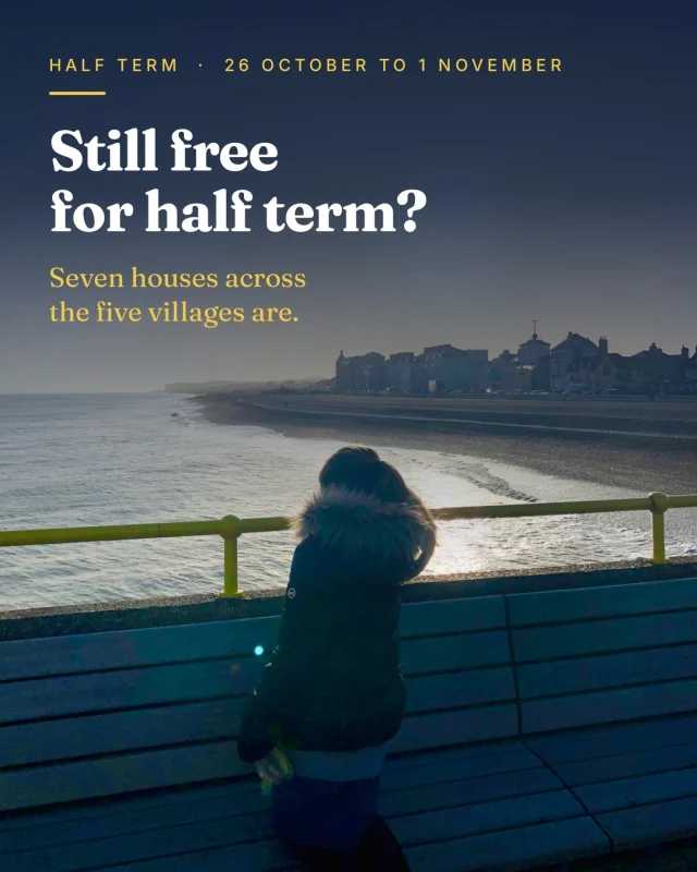 Still free for half term? 
Seven houses across the five villages are …four for the main week, 26 October to 1 November, and three more if your school breaks a week early.

The Kent coast in late October is quieter, cheaper and has the most beautiful light. Plus it boasts sea air, long walks, and nothing on the to do list.
Swipe for all seven, then check the dates yourself - link in bio.

#halftermkent #kentcoast #coastalbreaks #autumnbreak #visitkent